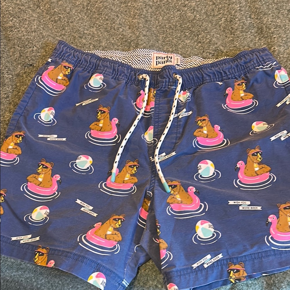 Party Pants Blue Swim Shorts with Cartoon Print